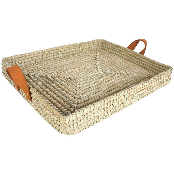 Noosa Palm Leaf Tray Leather Handle (Large 45x35x6cm)