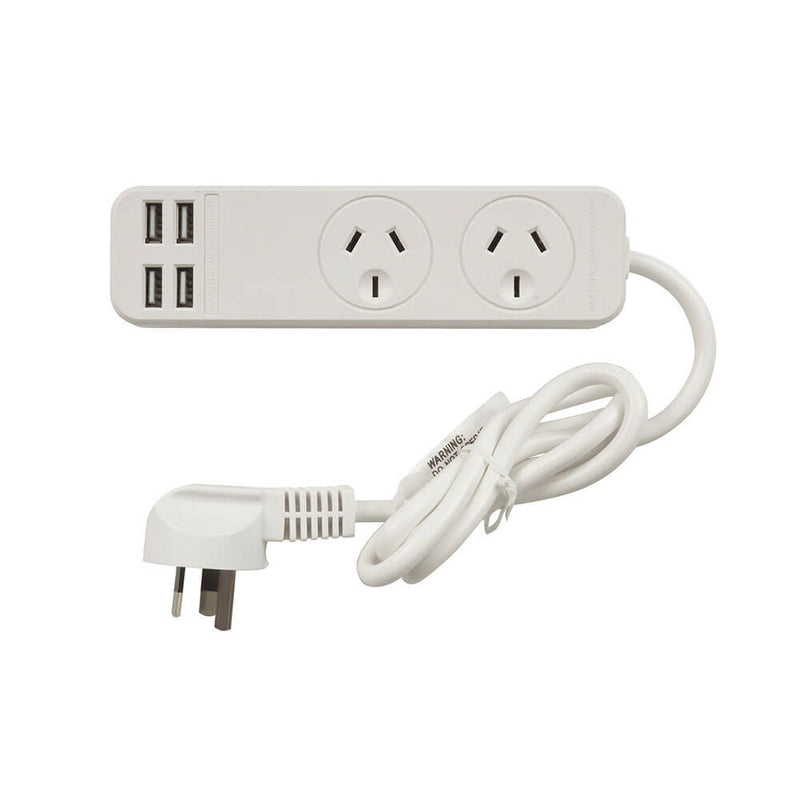 2-Way Mains Powerboard with USB Charging Ports (White)