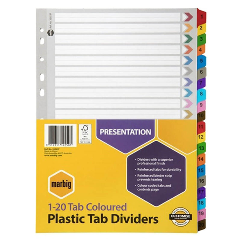 Marbig Manilla Plastic Tab Dividers A4 (Coloured)