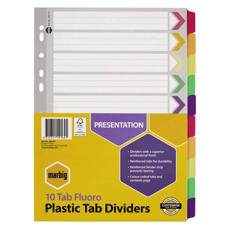 Marbig Manilla Plastic Tab Dividers A4 (Fluoro)